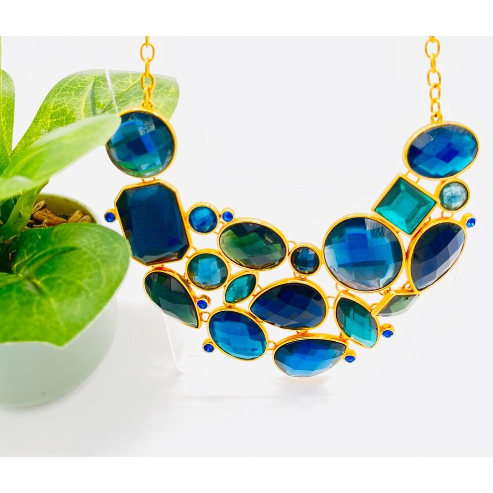 Joan Rivers Gold-Plated Statement Necklace W/ Blue & Green Faceted Stones | Cleo